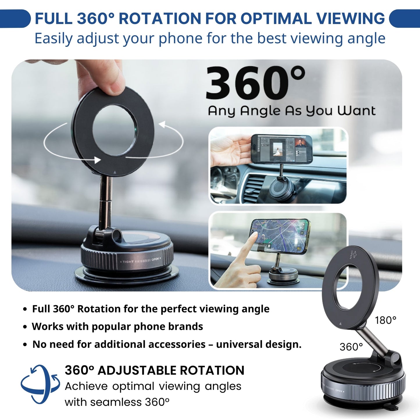 360° Adjustable Vacuum Magnetic Suction Cup Phone Holder Mount